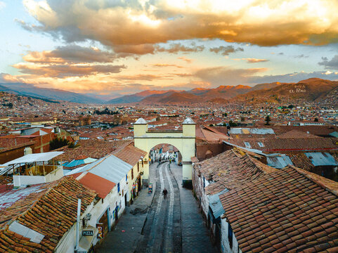 aerial photo with drone of the city of Cusco in Peru