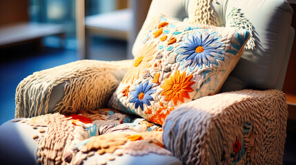 Macro of embroidered cushions on a comfortable armchair