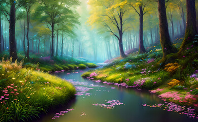 Fototapeta na wymiar Beautiful fantasy fairy forest, generative ai