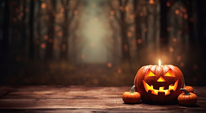 halloween scene with candle on wooden background Generative AI