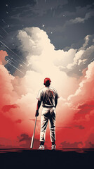Baseball Player Looking Up At The Clouds From Behind Contemplation Prayer Illustration Cartoon Drawing