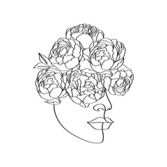 Women's faces and heads and peony flowers are linear beautiful female decorative elegance minimalist graphic artwork. 