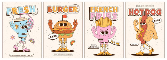 Posters set with trendy retro groovy fast food characters. Contemporary cartoon style on 60s-70s characters. Mascots for bar and restaurant. Vector illustration.