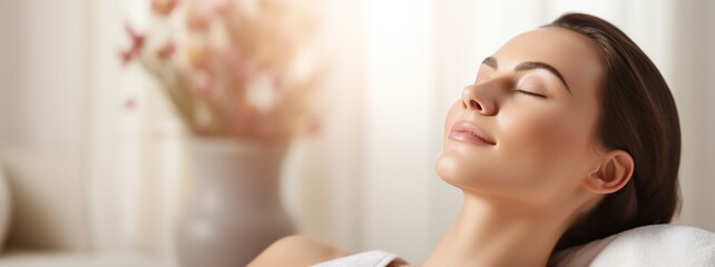 Close up of a beautiful young woman relaxing on massage spa treatment on blurred bright salon background with copy space.