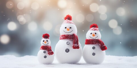 Adorable and happy snowman family on Christmas snowy background, get together and celebrating holiday seasons, with copy space, idea for greeting cards and posters.
