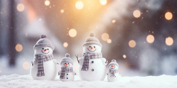 Adorable and happy snowman family on Christmas snowy background, get together and celebrating holiday seasons, with copy space, idea for greeting cards and posters.