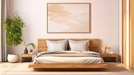 Detailed shot of a mock-up frame in a minimalist bedroom,