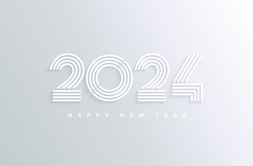 Modern silver banner for 2024 happy new year. Numbers from linear lines with wishing on gradient background. Minimalistic design, template for flyer,web, cover,calendar,web,presentation.Vector
