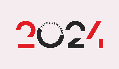Happy new year 2024 banner, poster. Template of minimalistic design for card, flyer. Isolated red and black creative numbers. Zero number with wishing happy holiday. Vector illustration