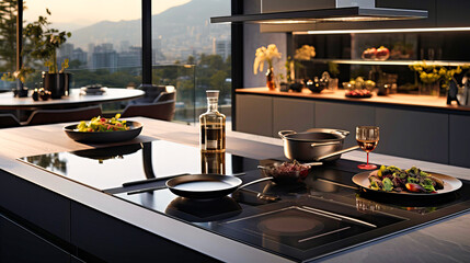 Sleek induction cooktop paired with a ceiling-mounted extractor,