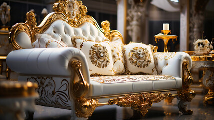 Detailed shot of gold-accented white furniture,