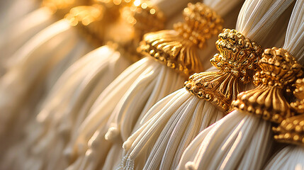 Macro shot of white drapery with gold tassels