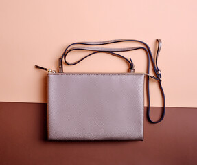 Trendy women's metallic leather handbag with a shoulder strap and a zipper isolated on a two-tone...