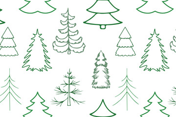 seamless pattern with green Christmas trees. gift wrapping. vector line style