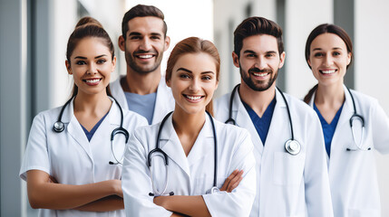 Fototapeta premium Team of young doctors coordinating patient care in a hospital. Medical center wallpaper, happy doctor in uniform.