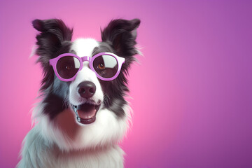 Creative animal concept. Border Collie dog puppy in sunglass shade glasses isolated on solid pastel background, commercial, editorial advertisement, surreal surrealism