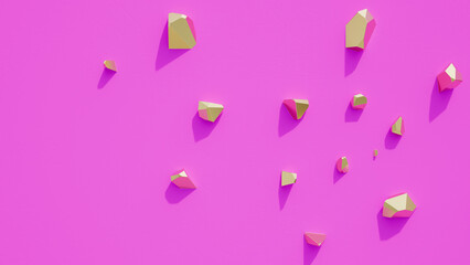 3d Abstract golden crystals on pink background. Minimal quartz, stone, gems. Low poly gold. 3d rendering