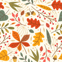 Autumn seamless pattern with fall leaves and plants, branches and berries. Seasonal colors. Perfect for wallpaper, gift paper, textile, greeting cards.