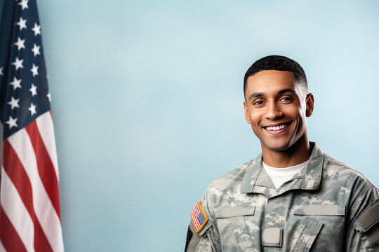 Smiling Serviceman portrait with copy space. Young man Military soldier.