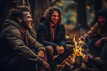 Three men best friends spending time together in the autumn forest near a burning fire, have fun, talking and laughing.