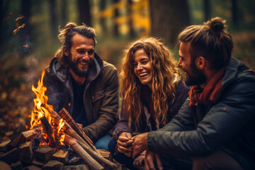 Fototapeta premium One woman and two men friends spending time together in the autumn forest near a burning fire, have fun, talking and laughing.