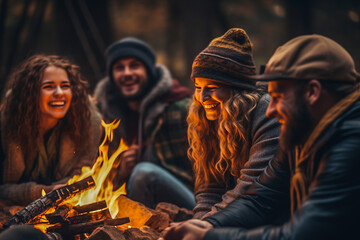 Four young adult men and women friends spending time together in the autumn forest near a burning fire, talking and laughing.