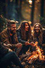 Two women and a man friends have fun, spending time together in the autumn forest near a burning fire, talking and laughing. Friendship, travel and autumn hobby concept. Vertical - obrazy, fototapety, plakaty