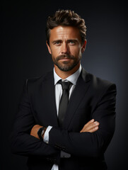 Senior businessman standing on a black background and looking at the camera