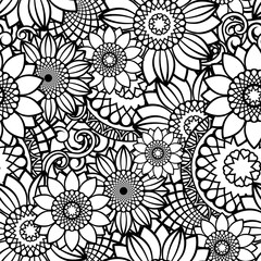 Sunflowers seamless pattern background. Doodles floral black and white vector illustration. Perfect for wallpaper, adult coloring books, warping paper and fabric 