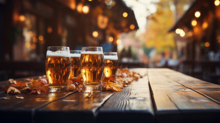Wooden table with glass of beer on blurred Oktoberfest background
