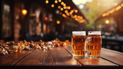Wooden table with glass of beer on blurred Oktoberfest background - obrazy, fototapety, plakaty