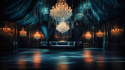 Black ceiling with hanging crystal chandeliers,