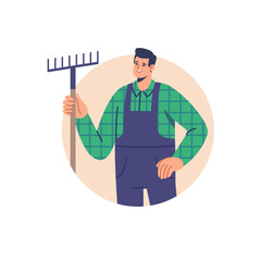 Farming and agriculture, harvesting. Male farmer in uniform holds rake in hand. Agriculture farm worker. Vector illustration for mobile and web graphics.