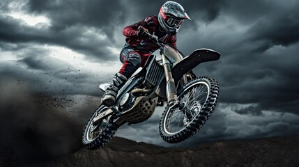 motocross rider jumping in the air on a dark cloudy day