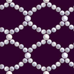  Seamless pattern of watercolor pearls. Hand drawn illustration. Hand painted elements on dark background.