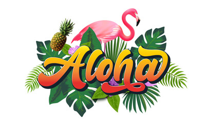 Aloha text, emblem and logo isolated on white. Hand drawn Aloha Hawaiian word for hawaii shirt print or sign. Lettering for tropical or summer party invitation, flyer and poster design. - obrazy, fototapety, plakaty