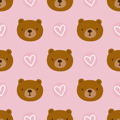 brown teddy bear cute hand drawn face with hearts, pastel color pink seamless pattern background