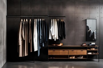 An open wardrobe made of sleek, modern materials stands against a backdrop of polished concrete walls. AI Generative