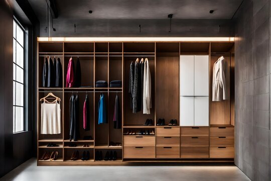 An open wardrobe made of sleek, modern materials stands against a backdrop of polished concrete walls. AI Generative