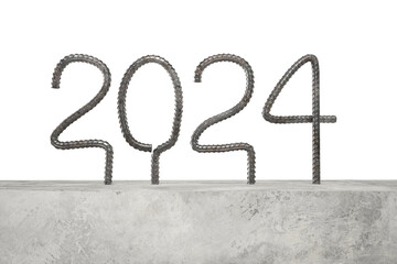 New Year 2024. Numbers are bent from rusty steel rebar sticking out of concrete. Construction concept. Transparent background. 3D rendering