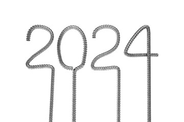 New Year 2024. Numbers are bent from steel reinforcement. Construction concept. Transparent background. 3D rendering