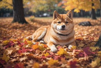 Shiba Inu dog in autumn park