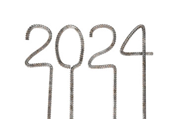 New Year 2024. Numbers are bent from rusty steel reinforcement. Construction concept. Transparent background. 3D rendering