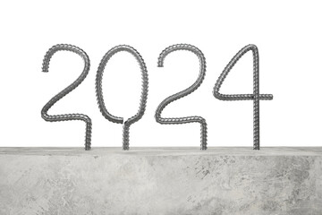 New Year 2024. Numbers are bent from steel rebar sticking out of concrete. Construction concept. Transparent background. 3D rendering