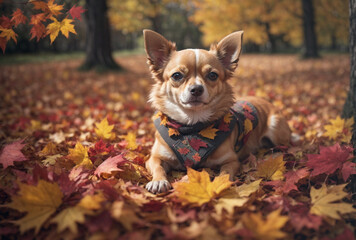 chihuahua in autumn leaves