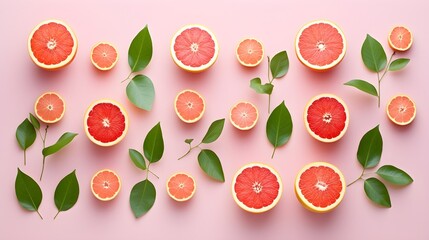 Grapefruits photo realistic flat lay pattern background.