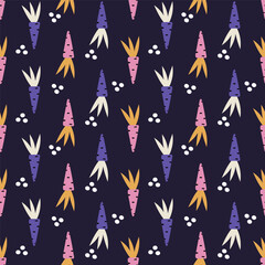 Vector seamless pattern with flat colorful carots on dark background. Modern design for fabric and paper, surface textures.	
