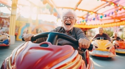 Elderly man driving a bumper car at the funfair Generative AI