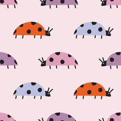 Seamless vector pattern with cute colorful ladybugs on pastel background. Modern design for fabric and paper, surface textures.