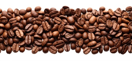 Fresh roasted coffee beans closeup pattern isolated on clear white background. Food pattern. Love coffee concept. Top view, flat lay with copy space	